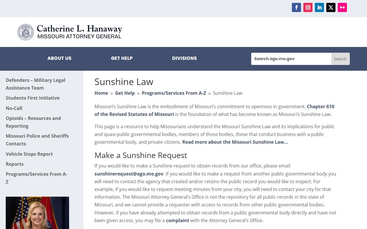 Missouri Attorney General Sunshine Law resources for residents directory