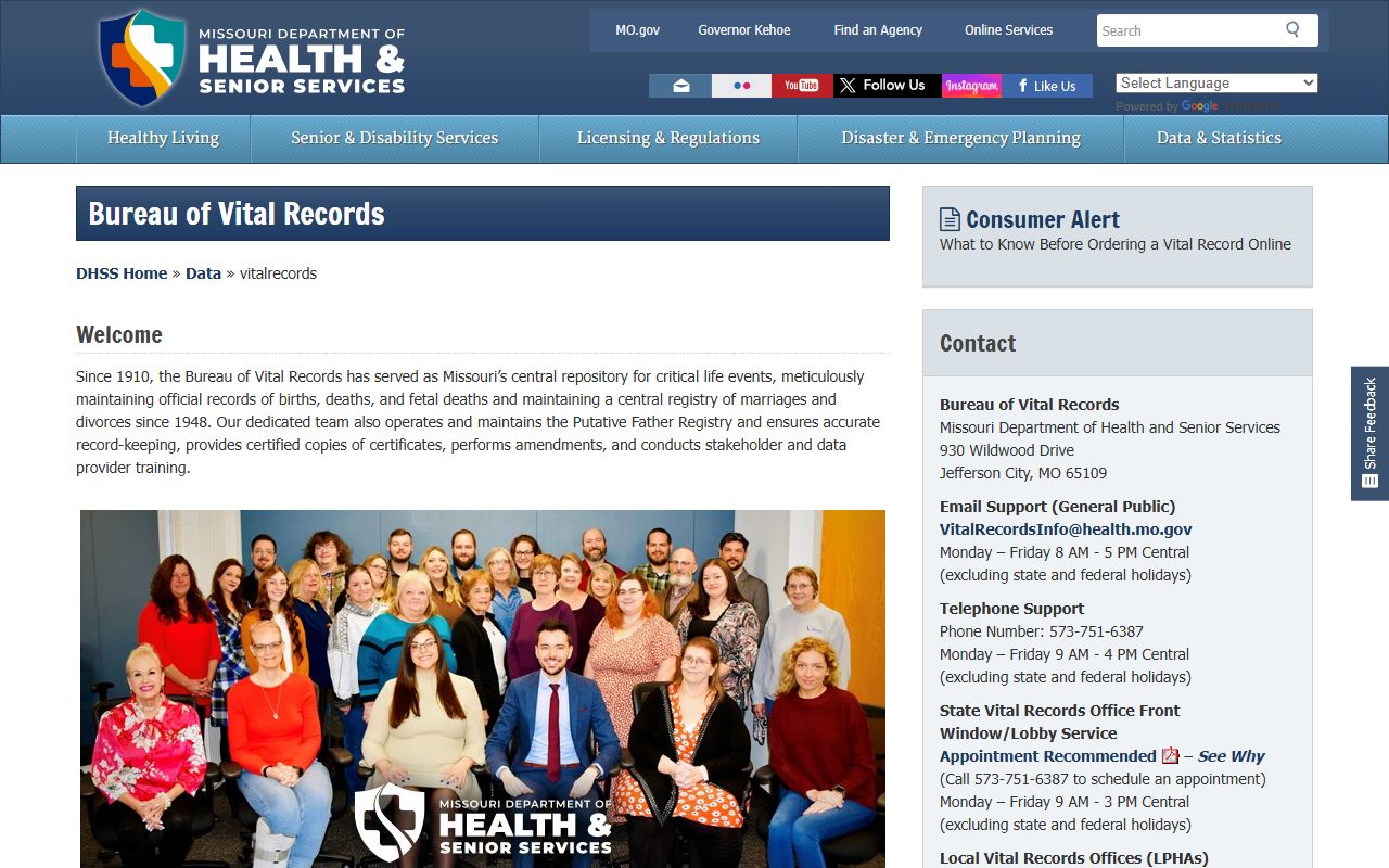 Missouri Bureau of Vital Records ordering page for residents directory